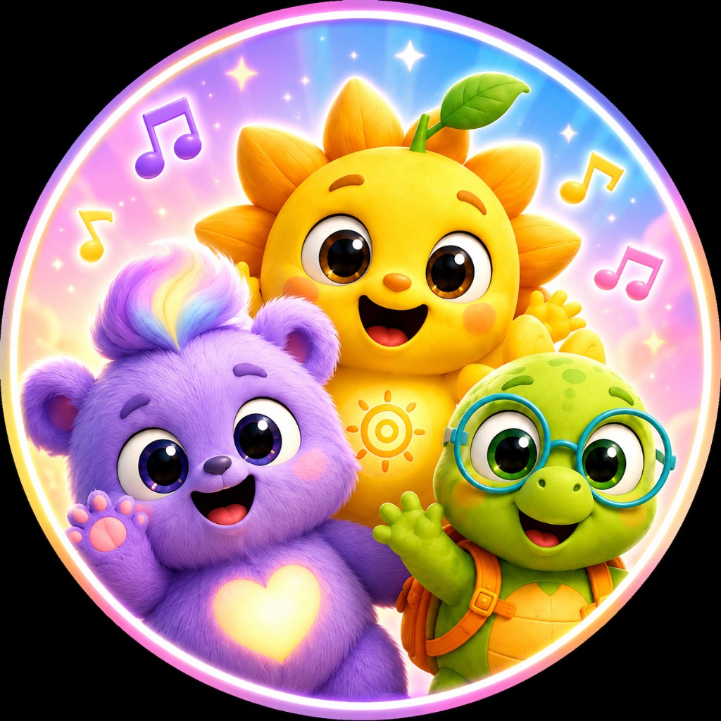 Lumi, Suno, and Zippy together in a glowing circle of musical notes