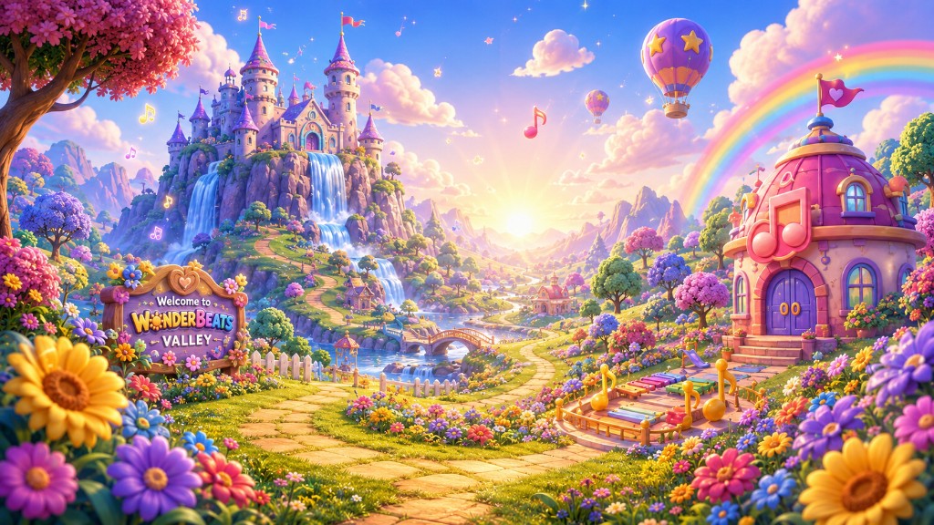 WonderBeats Valley with a pink castle, music house, rainbow, and giant flowers